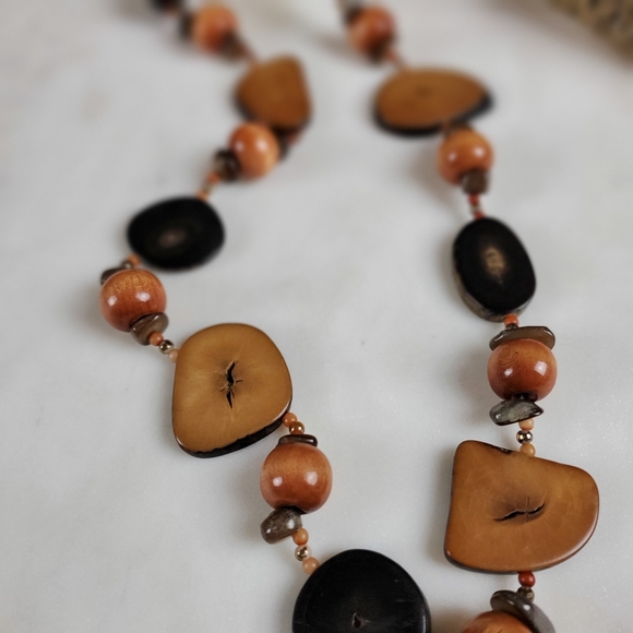 Vintage Boho long petrified chunky wood bead slice necklace - Picture 12 of 14